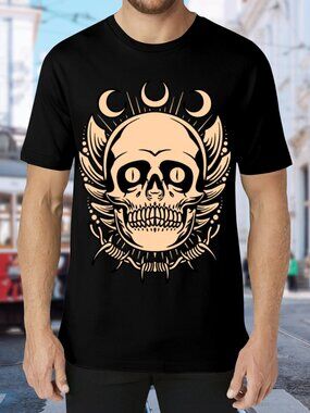Skull & Moon Graphic Tee - Black with Beige Skull